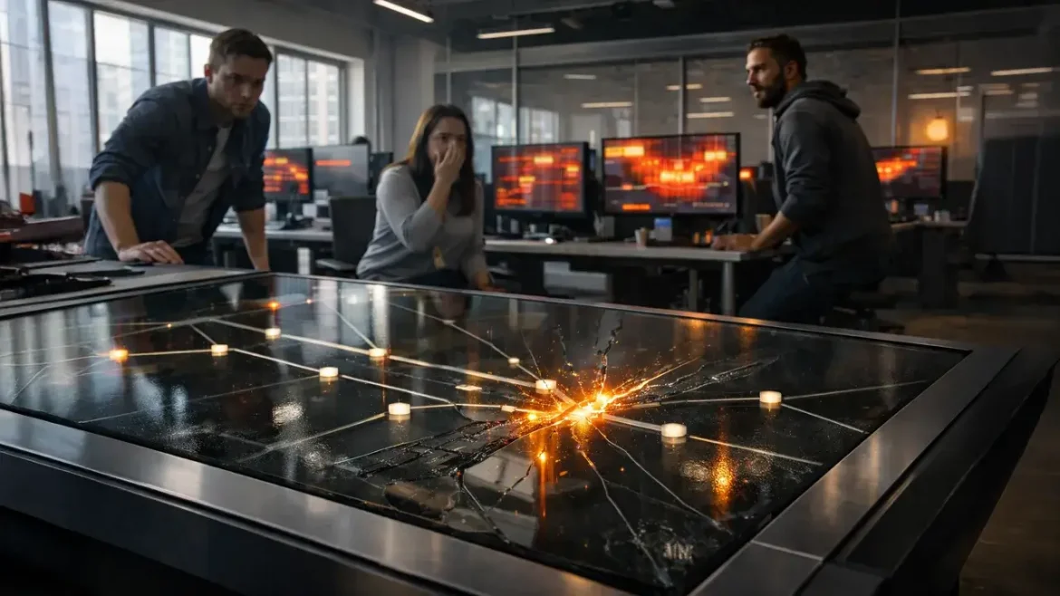 Bitcoin coin lodged in a deep crack between Wall Street and a rundown gas station street, symbolizing fragile markets as record highs clash with collapsing consumer confidence