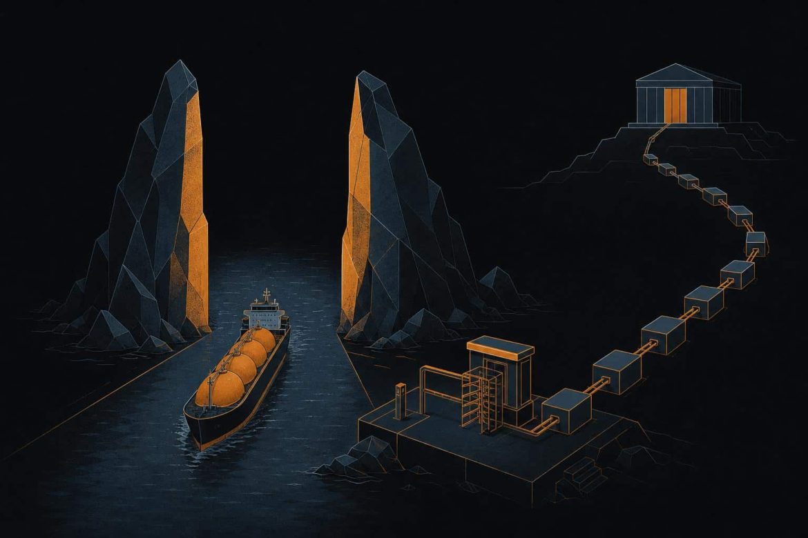 Stylized illustration of a tanker passing through a narrow strait between rock gates, with a toll booth and a chain of linked nodes running to a distant ledger building