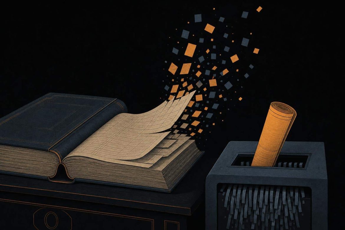 Illustration of an open government ledger losing pages while a regulation scroll feeds into a shredder