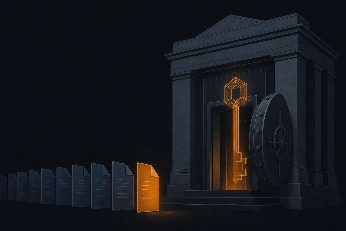 Stylized illustration of a federal bank building with an open vault door and a queue of documents, one glowing amber