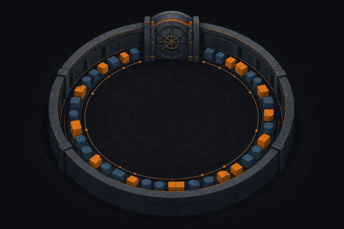 Illustration of a circular bank vault with tokens circulating inside a sealed ring, showing custody kept within one institution