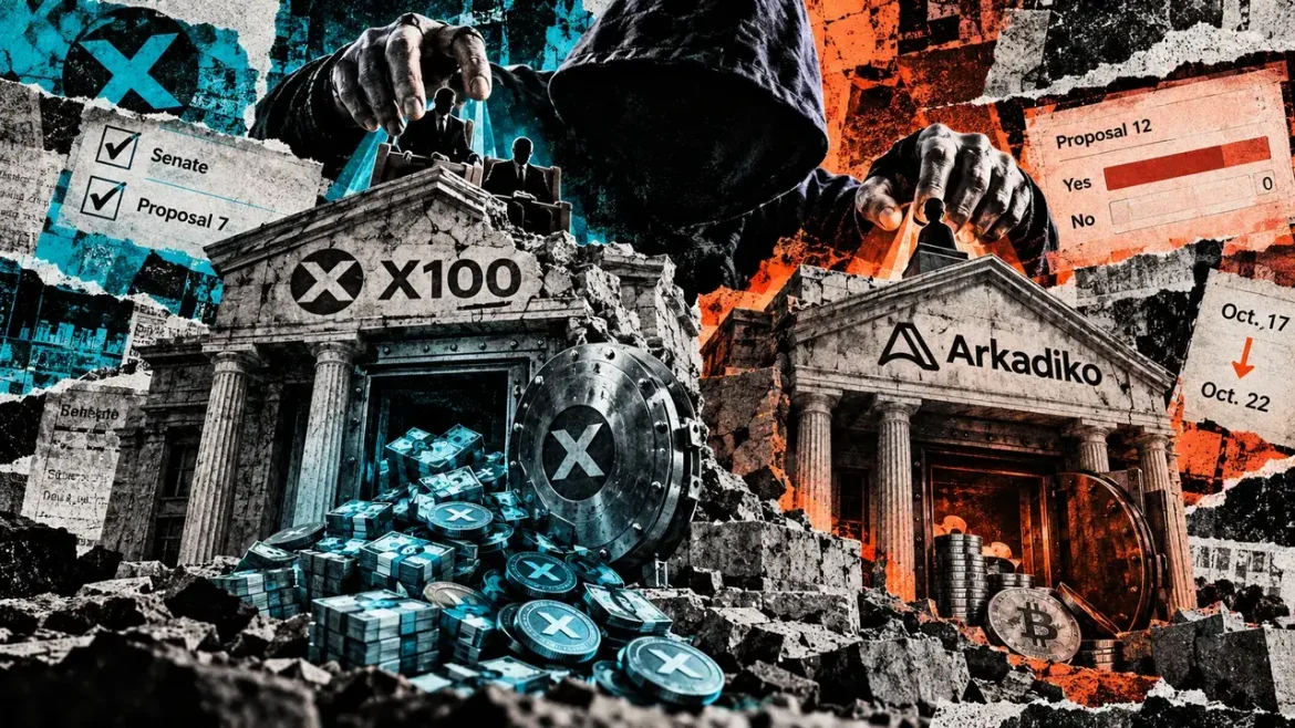 Hooded figure controls governance officials above X100 and Arkadiko treasury vaults, with tokens and funds spilling from damaged structures.